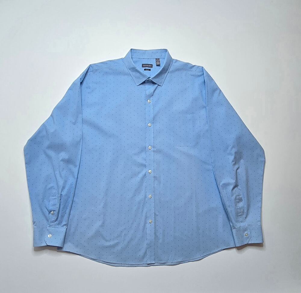 Van Heusen Shirt Mens XXL Blue Polka Dot Slim Fit Long Sleeve Button Up Dress